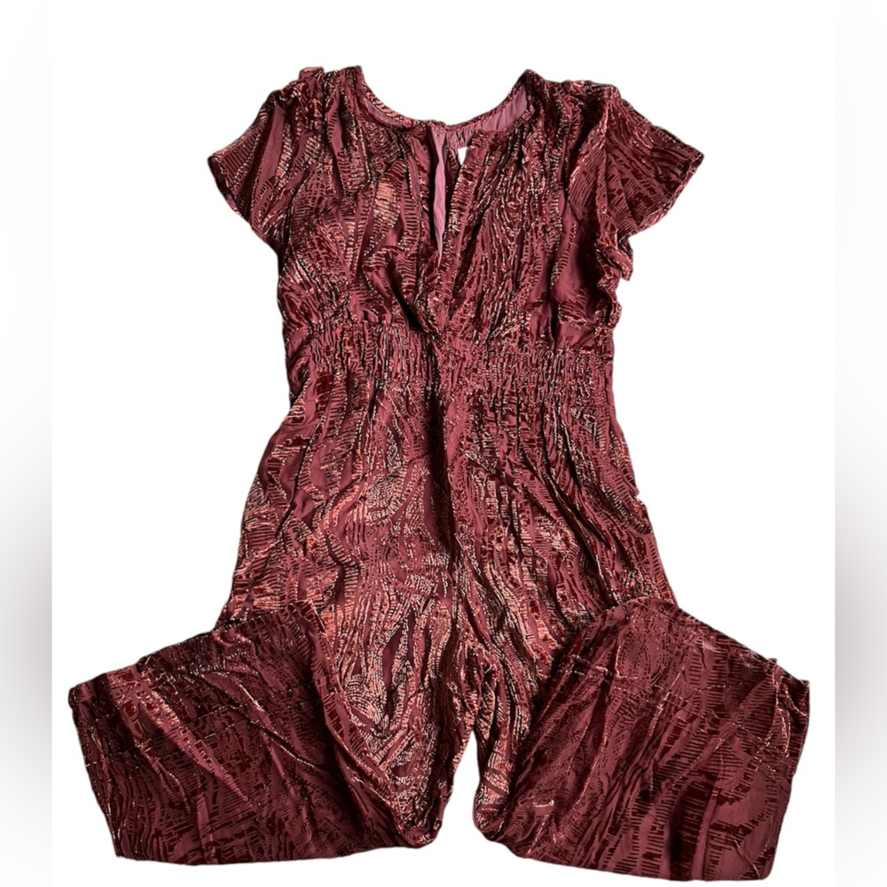 Anthropologie Wine-Pattern Short-Sleeve Jumpsuit